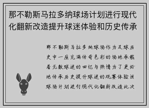 那不勒斯马拉多纳球场计划进行现代化翻新改造提升球迷体验和历史传承 那不勒斯马拉多纳球场计划进行现代化翻新改造提升球迷体验和历史传承